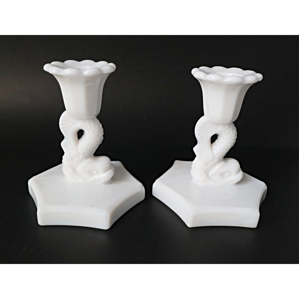 Vintage Westmoreland Milk Glass Fish Candleholders Candlesticks